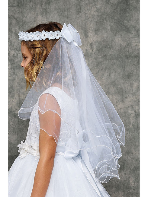 Kids Dream Girls White Gem Floral Back Bow Comb 21" Communion Flower Girl Veil - SophiasStyle.com